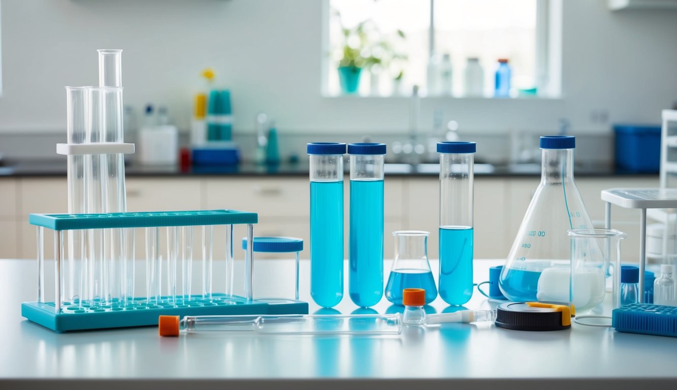 A serene laboratory setting with test tubes, beakers, and scientific equipment arranged on a clean, organized workspace