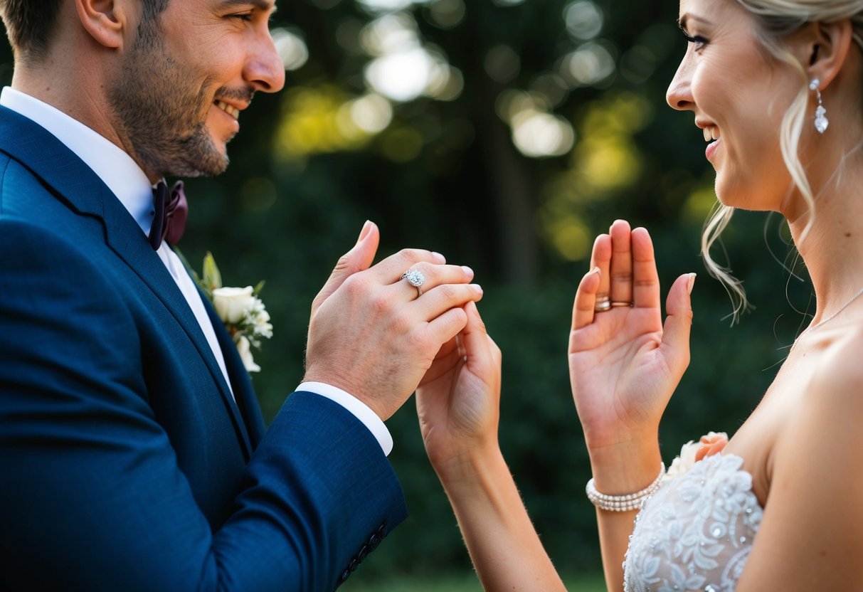A groom presents a wedding ring to the bride, who then reciprocates with her own ring