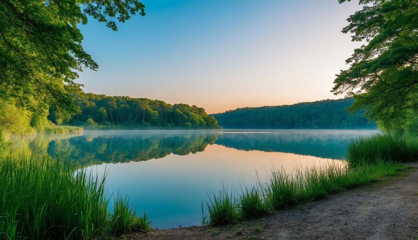 A serene natural setting with a calm lake surrounded by lush greenery and a clear blue sky, evoking a sense of tranquility and peace