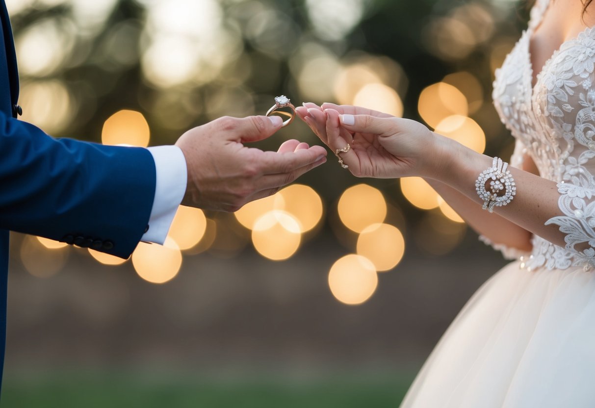 A groom extends his hand, offering a ring to the bride