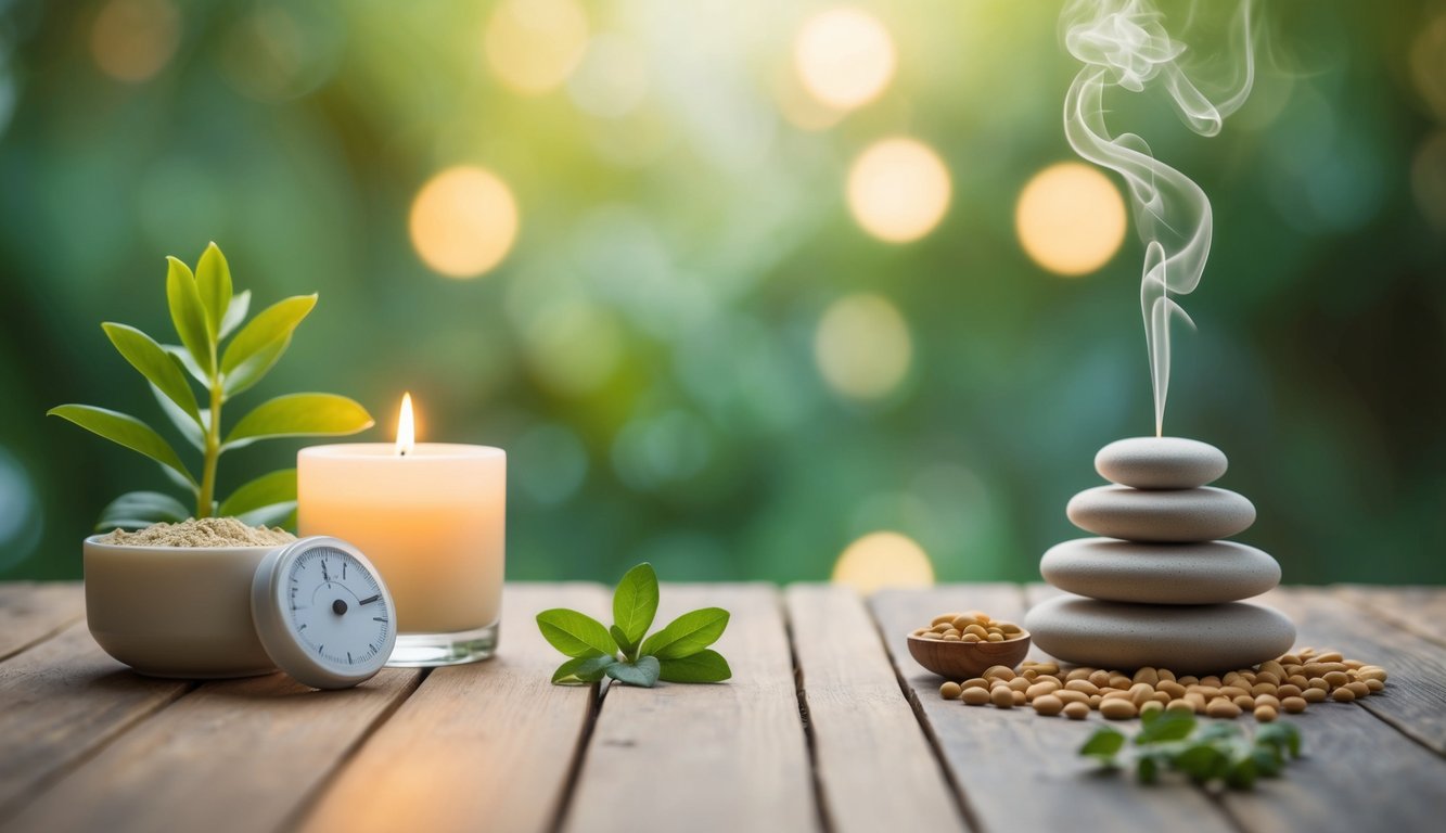 A serene, tranquil setting with calming elements like soft lighting, gentle nature sounds, and soothing aromas to illustrate the effects of anxiety-targeting nootropics