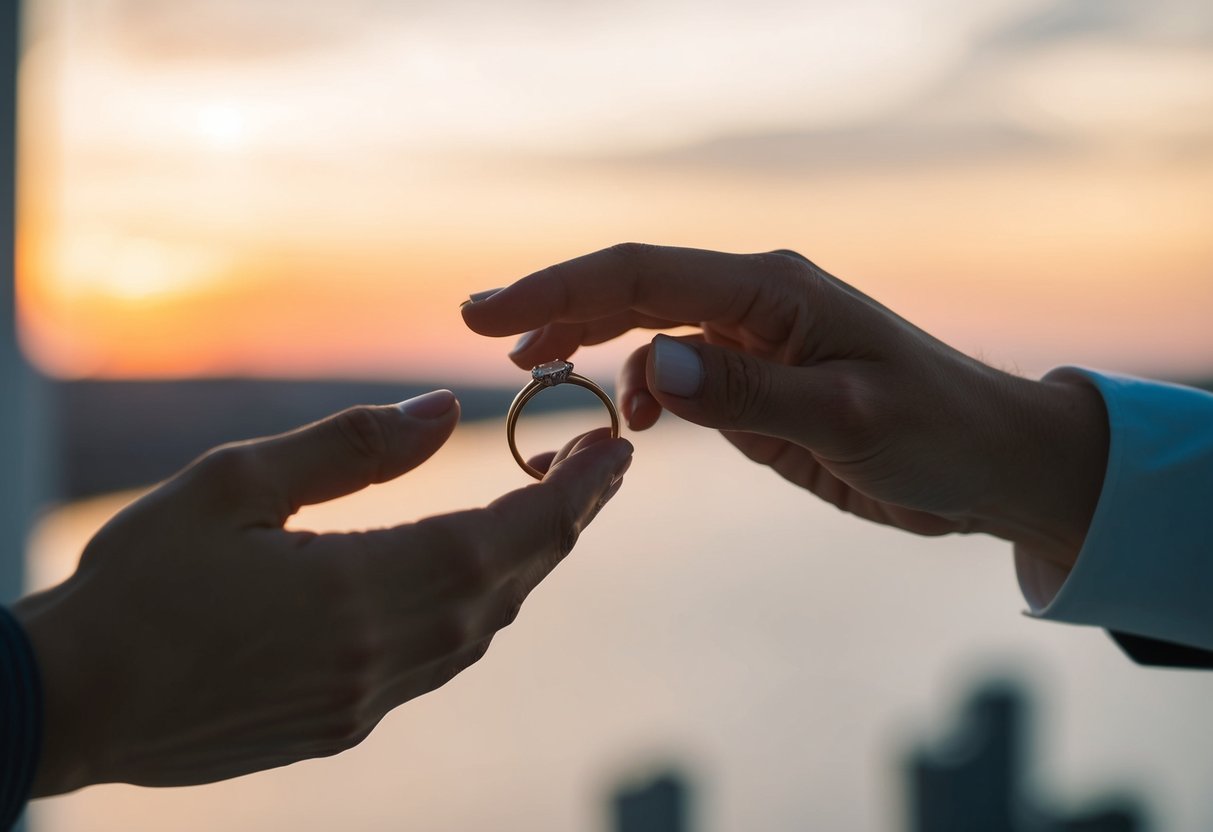 A hand extends a ring towards a waiting hand