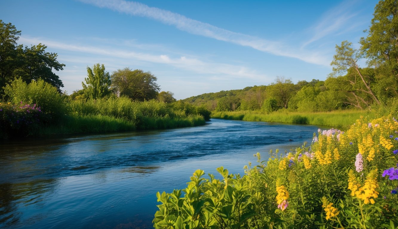 A serene natural setting with a calm river flowing, surrounded by lush greenery and colorful flowers, with a clear blue sky overhead