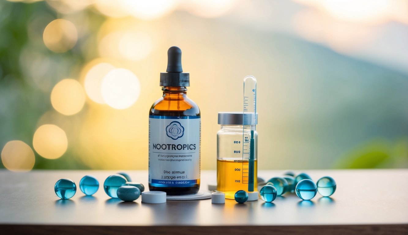 A serene, tranquil setting with a bottle of nootropics and a measuring tool for dosage, surrounded by symbols of calmness and relaxation