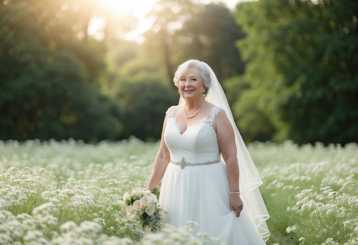 An older bride standing in a field of white flowers, surrounded by a soft, ethereal light