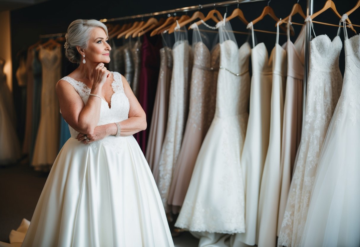 An older bride stands in front of a rack of wedding dresses, contemplating a white gown among other options. She looks thoughtful and serene