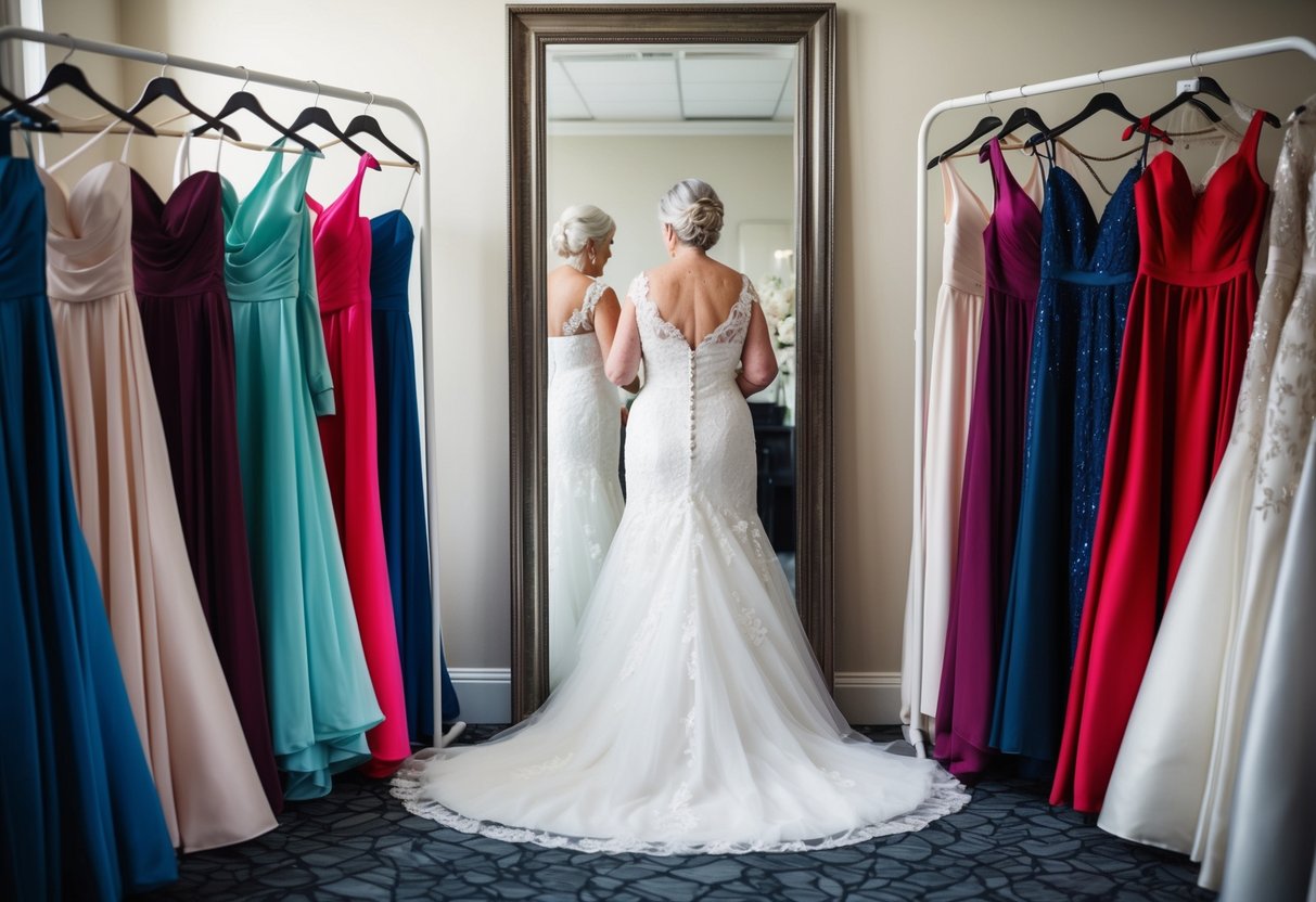 An older bride stands in front of a full-length mirror, surrounded by a variety of wedding dress options in different colors. She carefully examines each one, considering how it will complement her unique style and the overall feel of her special day