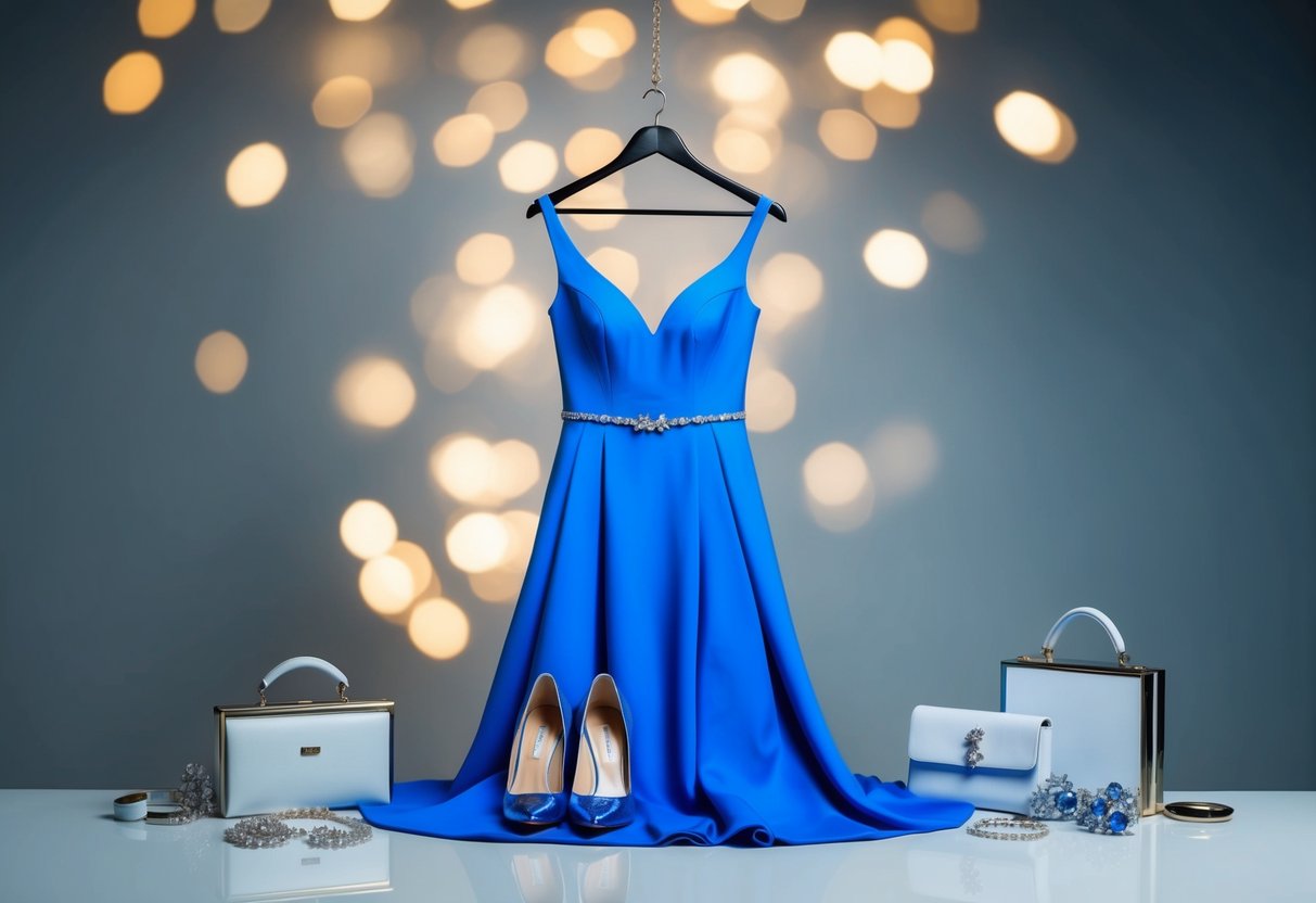 A vibrant blue dress hanging on a sleek hanger, surrounded by elegant accessories and a pair of polished shoes
