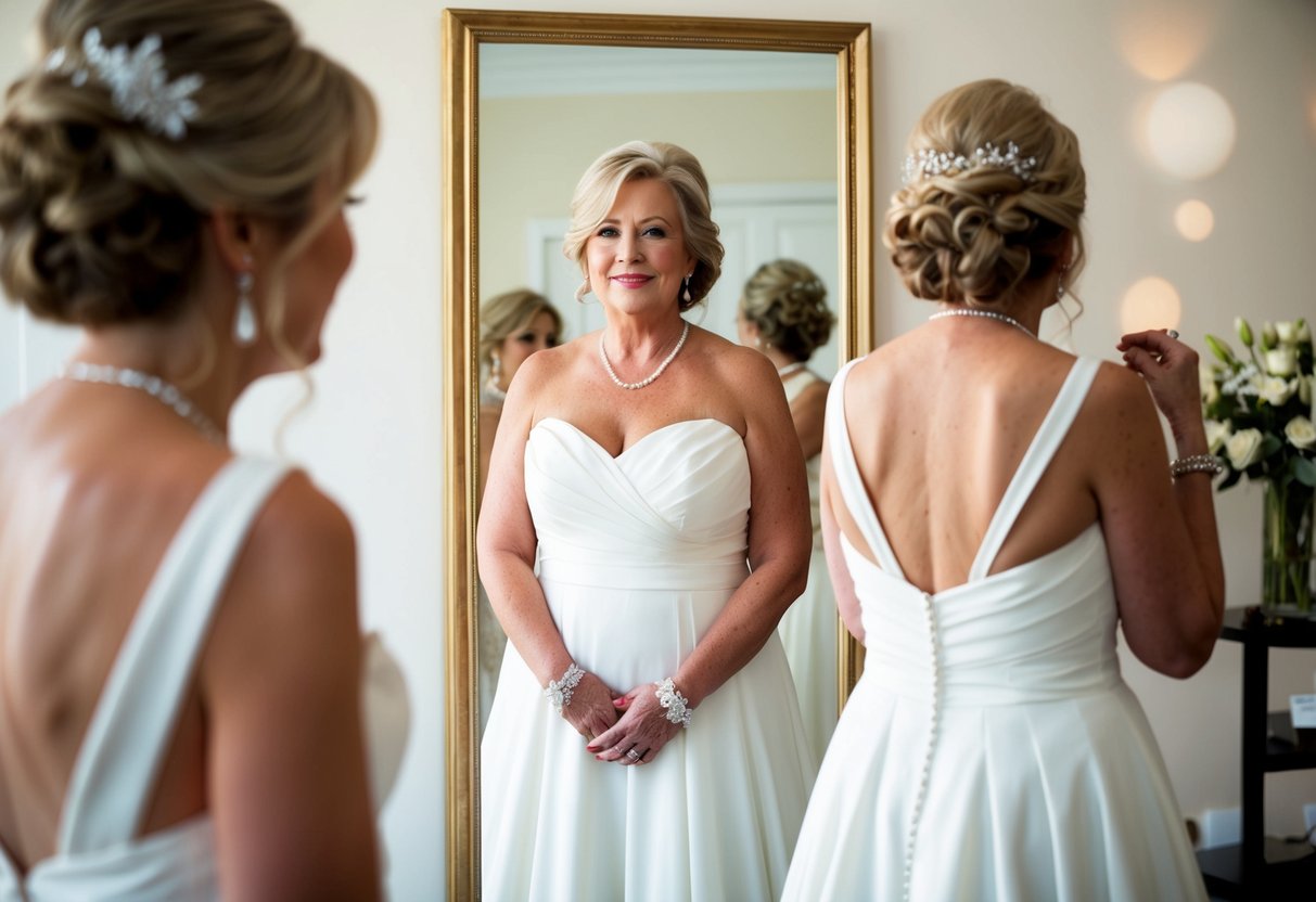 An older bride in a white gown, trying on various accessories in front of a full-length mirror