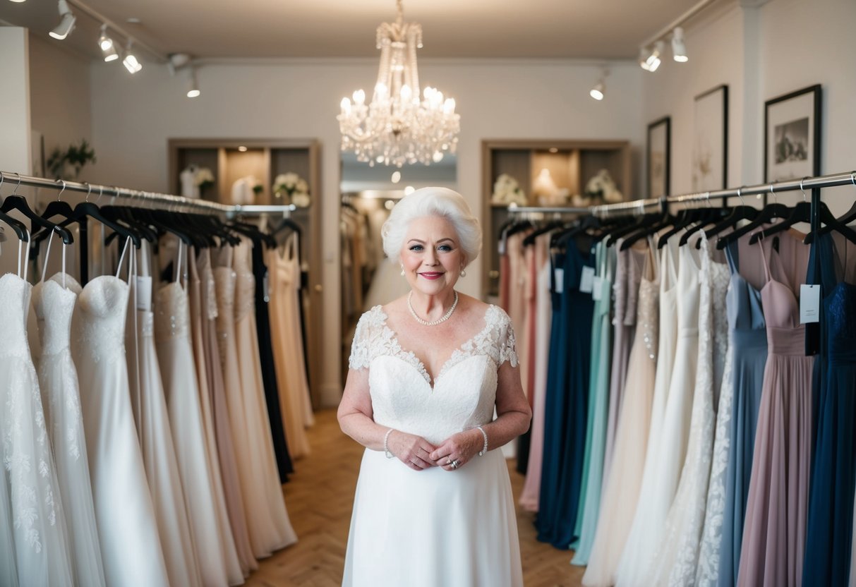 An elegant older bride stands in a boutique surrounded by a variety of wedding dresses in different colors, including white