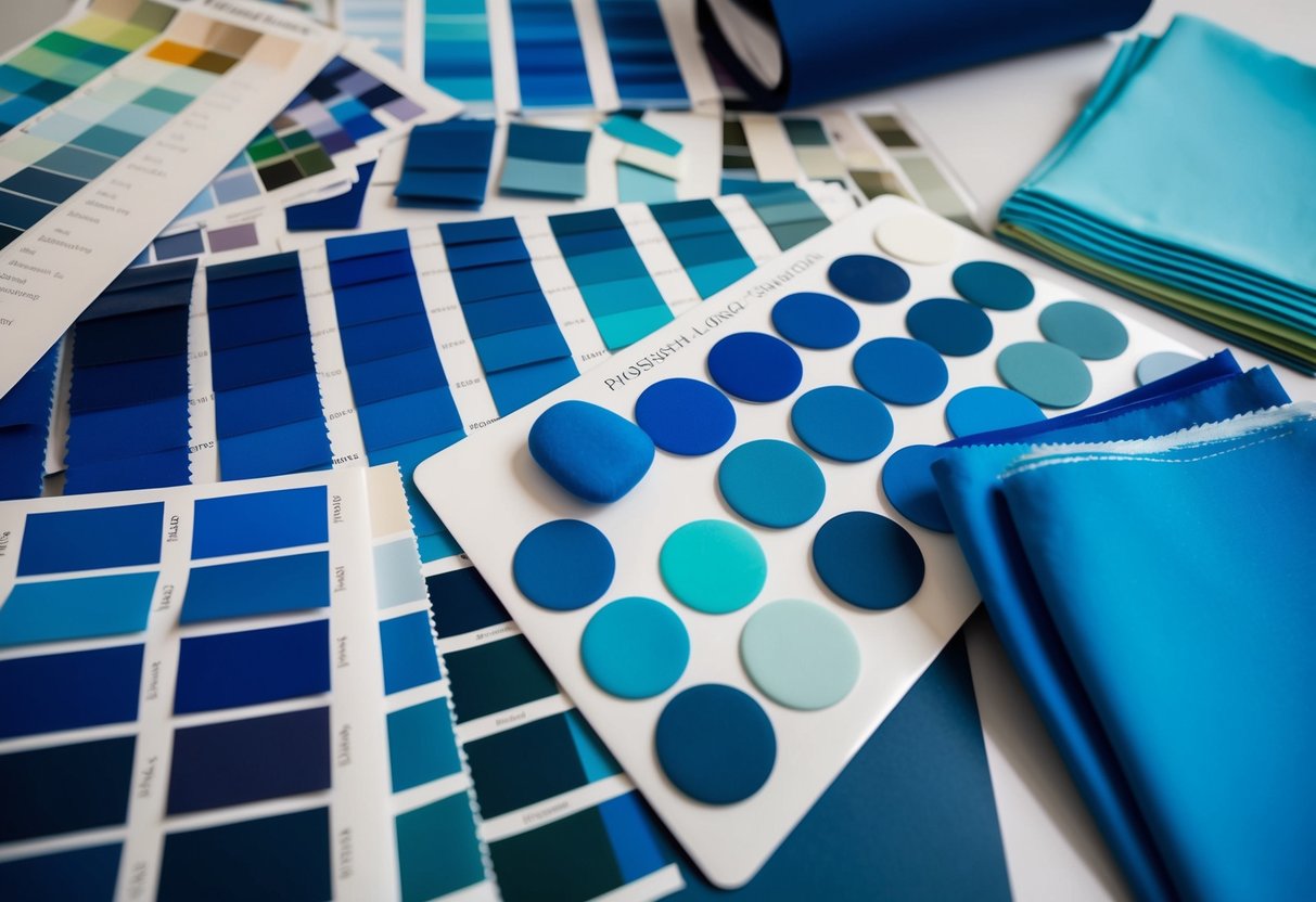 A palette of various shades of blue arranged on a table, with fabric swatches and color charts scattered around