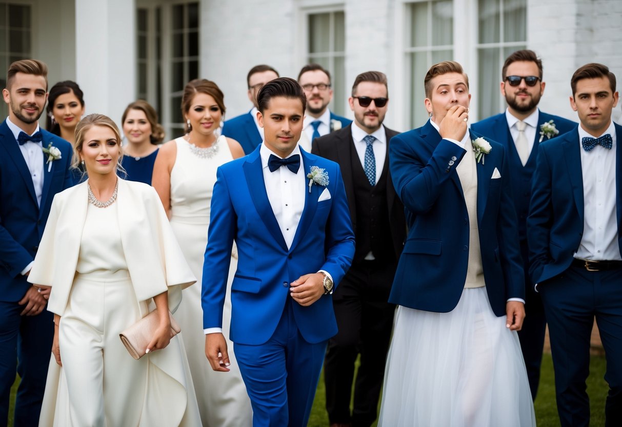 A group of wedding guests, some dressed in elegant attire, others in casual wear. One guest confidently wears a stylish blue outfit, while another looks awkward in an overly casual ensemble