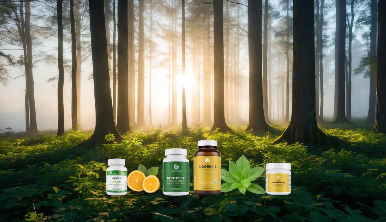 A serene forest clearing with sunlight filtering through the trees, showcasing a mix of natural and synthetic ingredients representing the nootropics, surrounded by a foggy backdrop that gradually clears