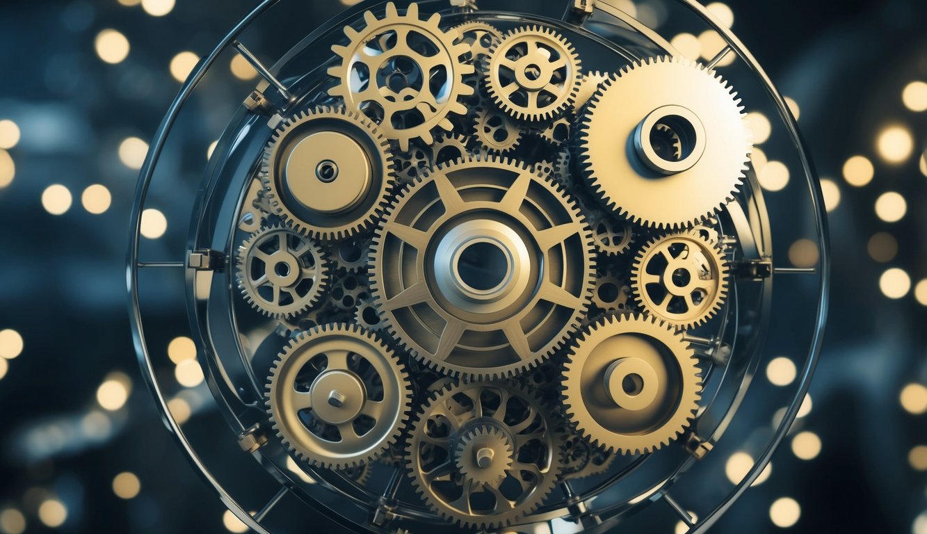 A complex network of gears and cogs interlocking and turning smoothly, symbolizing the mechanisms of action of various nootropics in reducing mental fog and restoring mental clarity