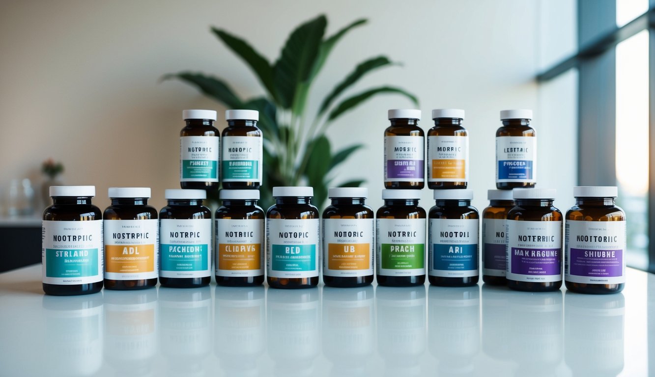 A variety of nootropic supplements arranged on a clean, modern tabletop. Each bottle is labeled with a different ingredient, showcasing the diverse options available for reducing mental fog and regaining clarity