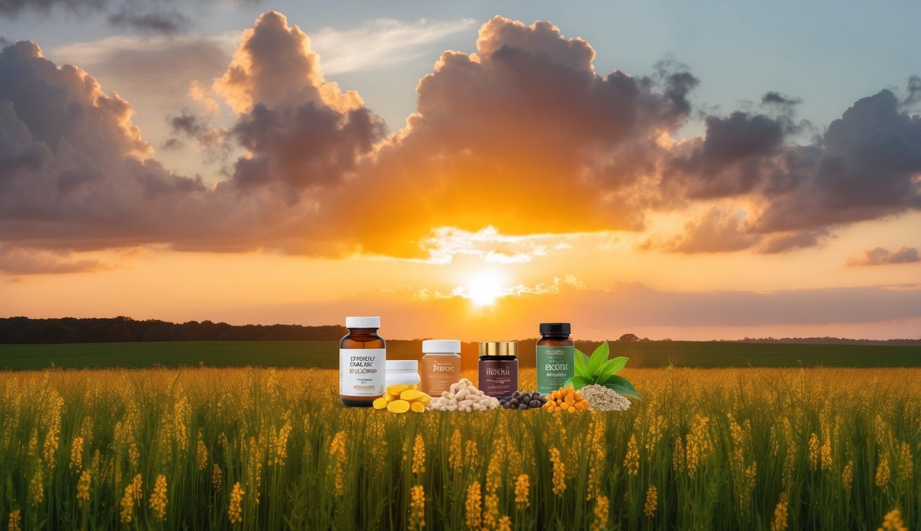A serene, open field with a vibrant sunrise breaking through the clouds, casting a warm glow over a collection of colorful, natural nootropic ingredients