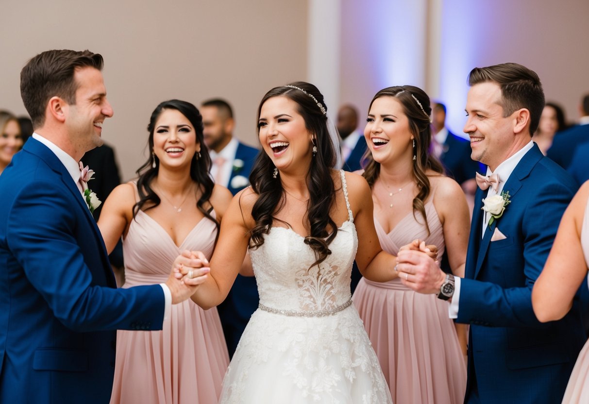 Groomsmen and bridesmaids dance together at the reception, laughing and enjoying each other's company