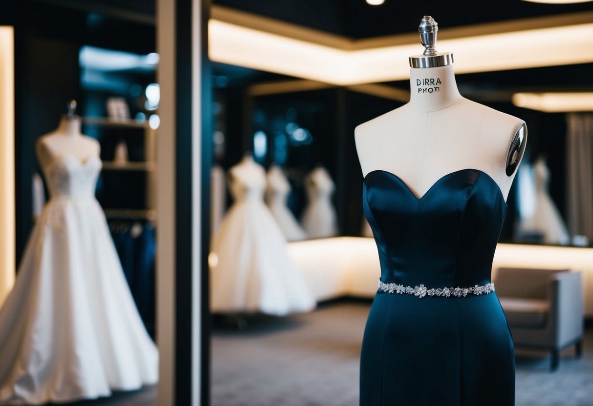 A dark, elegant wedding dress on a mannequin in a dimly lit bridal boutique