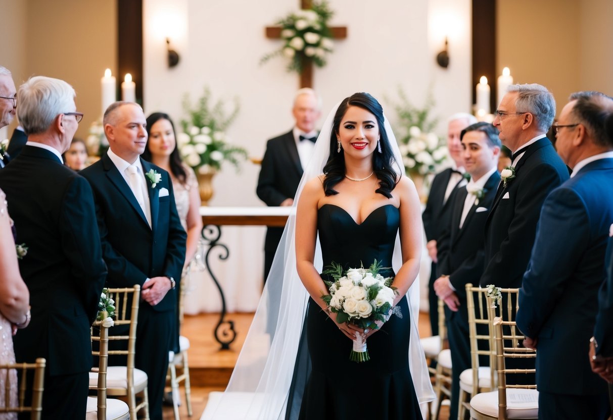 A bride in a black wedding dress standing at the altar while guests in formal attire look on