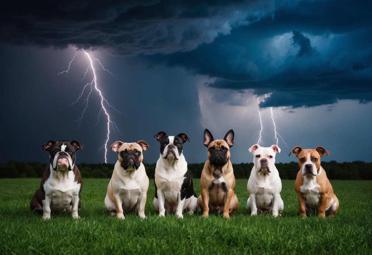 A group of grumpy-looking animals watching a stormy sky with dark clouds, lightning, and rain, as a bridal shower is not suitable for them