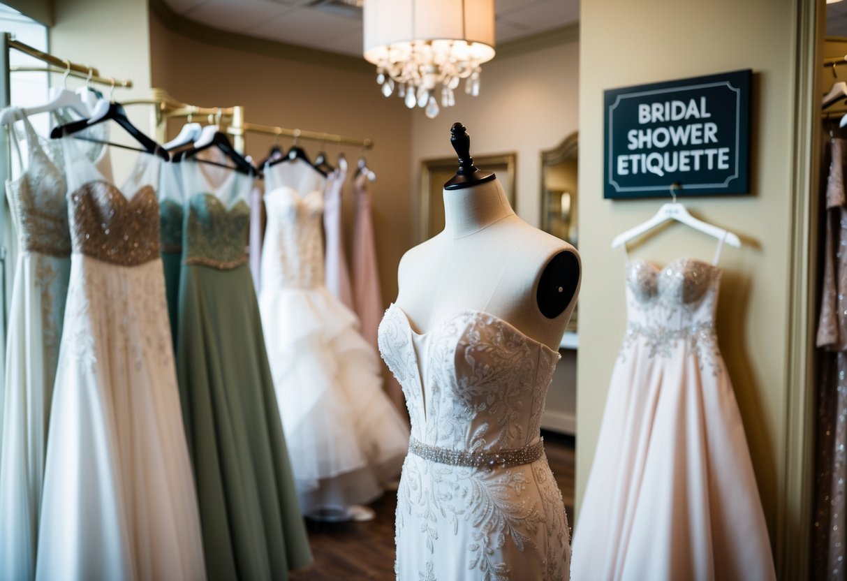 A mannequin in a bridal shop, surrounded by elegant dresses and accessories. A sign on the wall reads "Bridal Shower Etiquette"