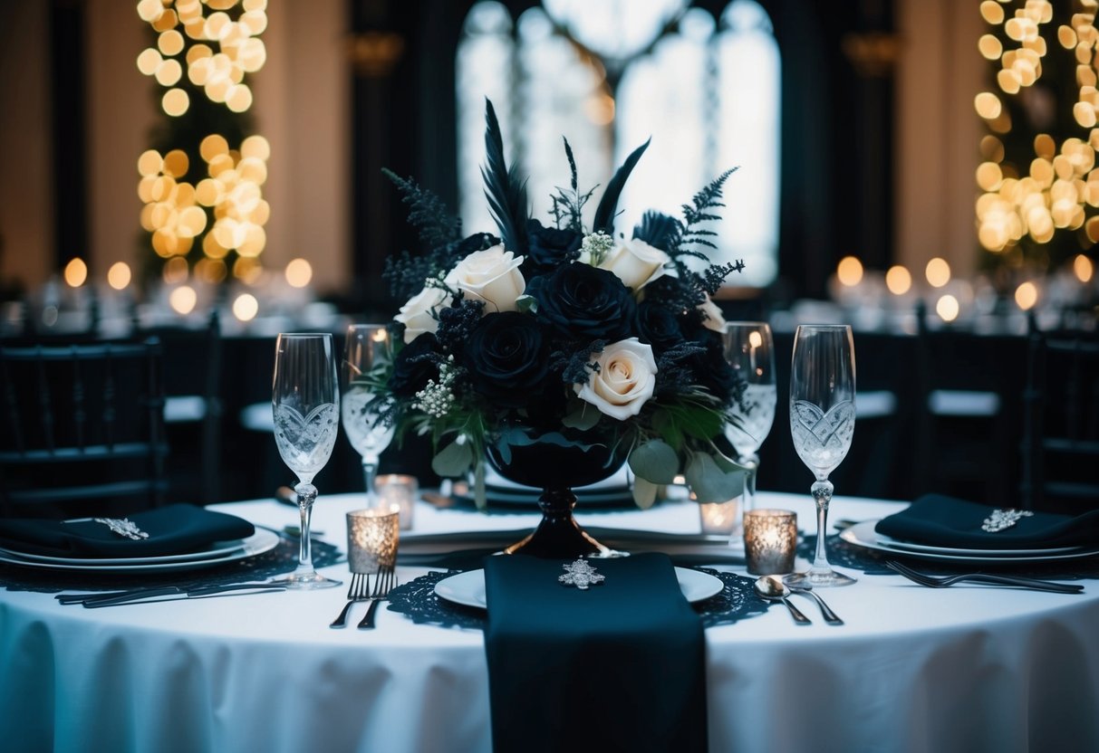 A gothic-inspired wedding setting with black lace, dark florals, and dramatic lighting