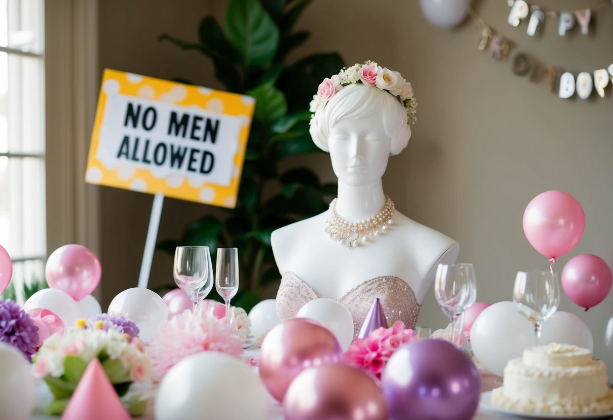 A mannequin surrounded by bridal shower decorations, with a sign indicating "No men allowed" in the background