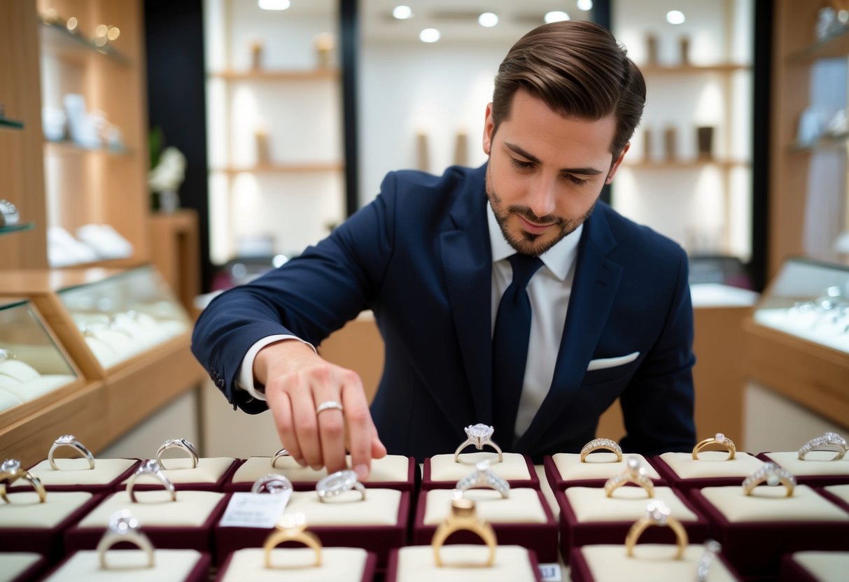 A man browsing through a selection of wedding rings at a jewelry store
