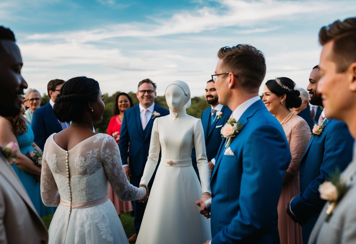 A gender-neutral figure in wedding attire, surrounded by diverse wedding guests