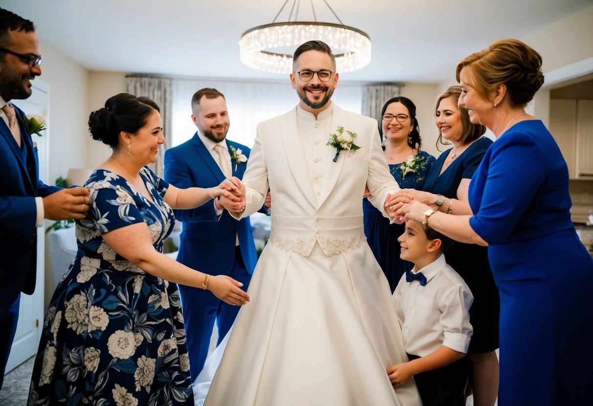 A man in a traditional white wedding gown, surrounded by supportive friends and family, preparing for his inclusive wedding