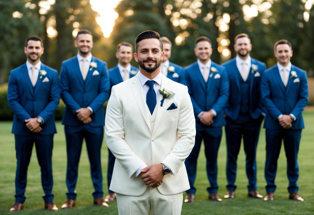Groomsmen in formal wedding attire stand in a line, presenting a confident and polished appearance