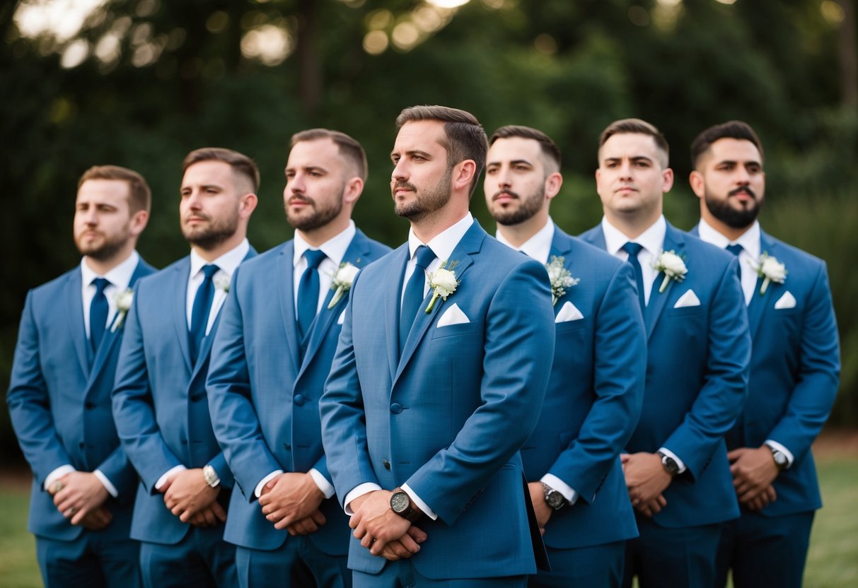 A group of groomsmen standing in a line, wearing matching suits and holding boutonnieres. They appear attentive and respectful, exuding a sense of camaraderie and anticipation