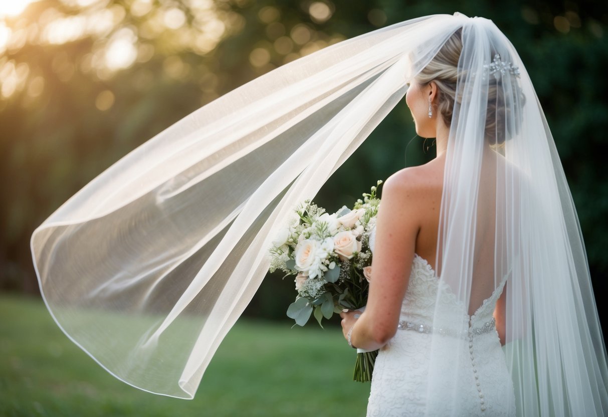 A bride's veil flowing in the wind, surrounded by flowers and soft lighting
