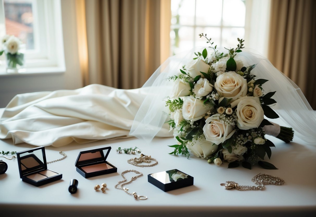 A bride's dress, veil, and bouquet laid out on a table, surrounded by scattered jewelry and makeup