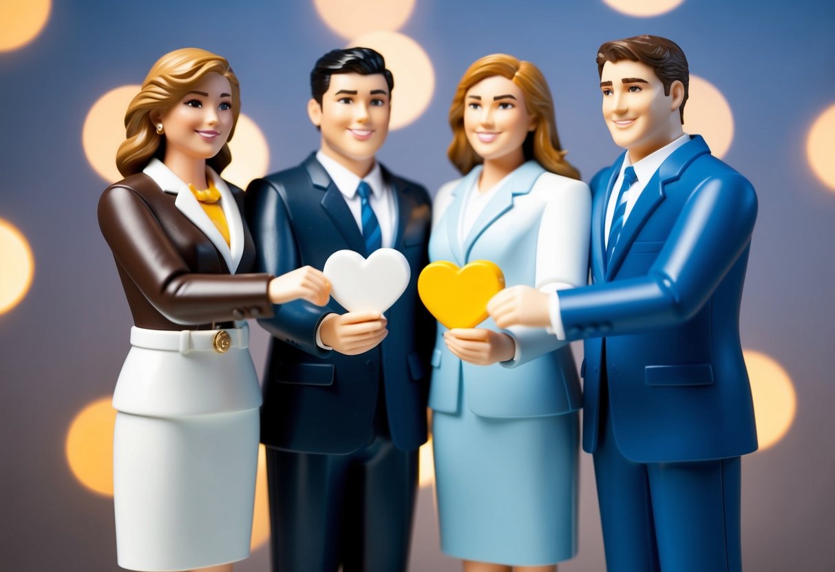 A group of four well-dressed figures standing together, each holding a different symbol of friendship or unity