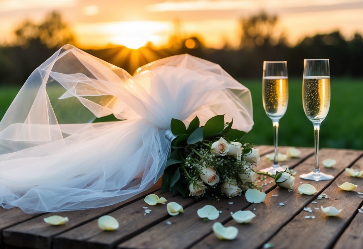A bride's veil and bouquet lay abandoned on a rustic wooden table, surrounded by scattered rose petals and champagne glasses. The sun sets in the background, casting a warm glow over the scene