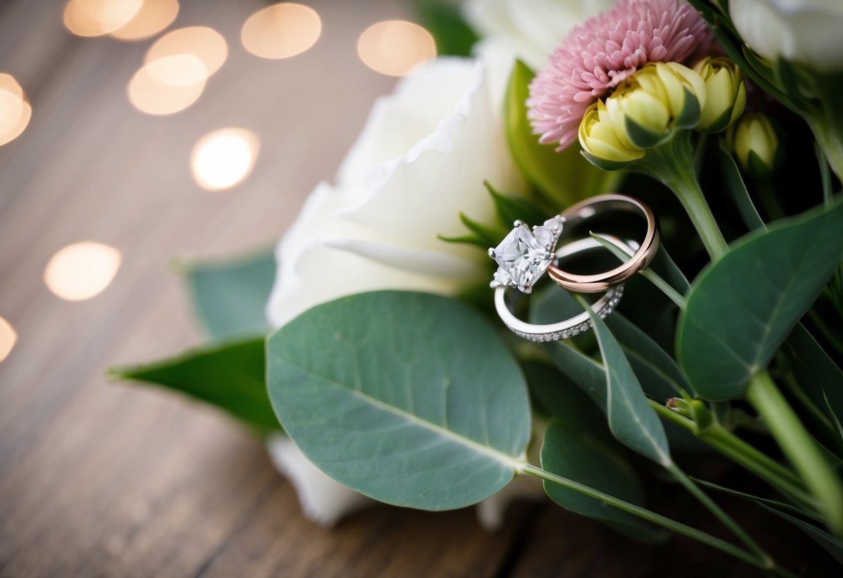 A wedding ring beside a bouquet of flowers