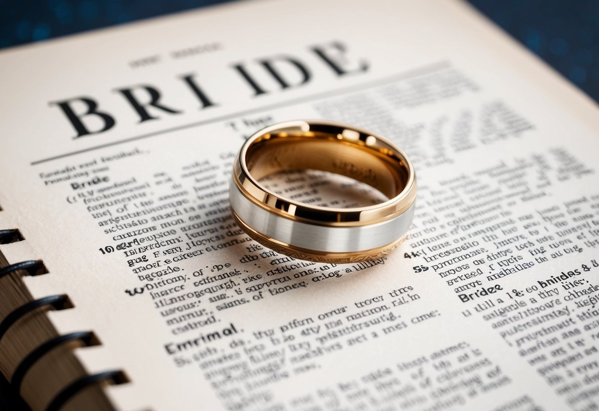 A wedding ring placed on a dictionary open to the word "bride."