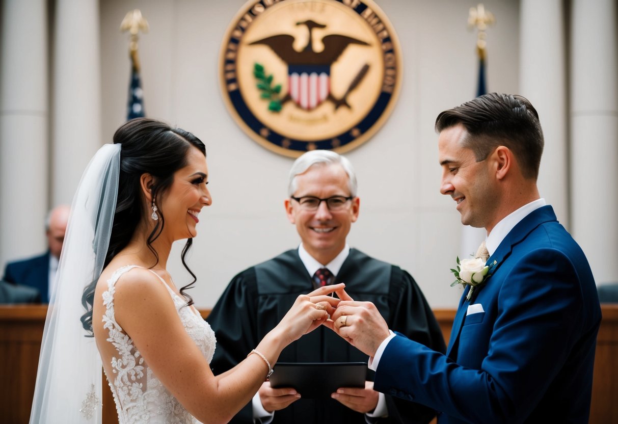 A bride and groom exchanging rings in front of a judge