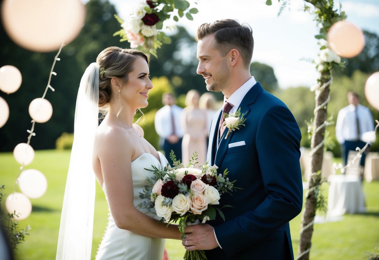 A bride standing beside a groom, surrounded by wedding decorations