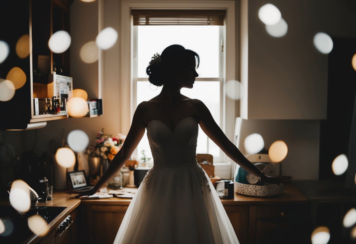 A woman's silhouette surrounded by wedding dress and household items