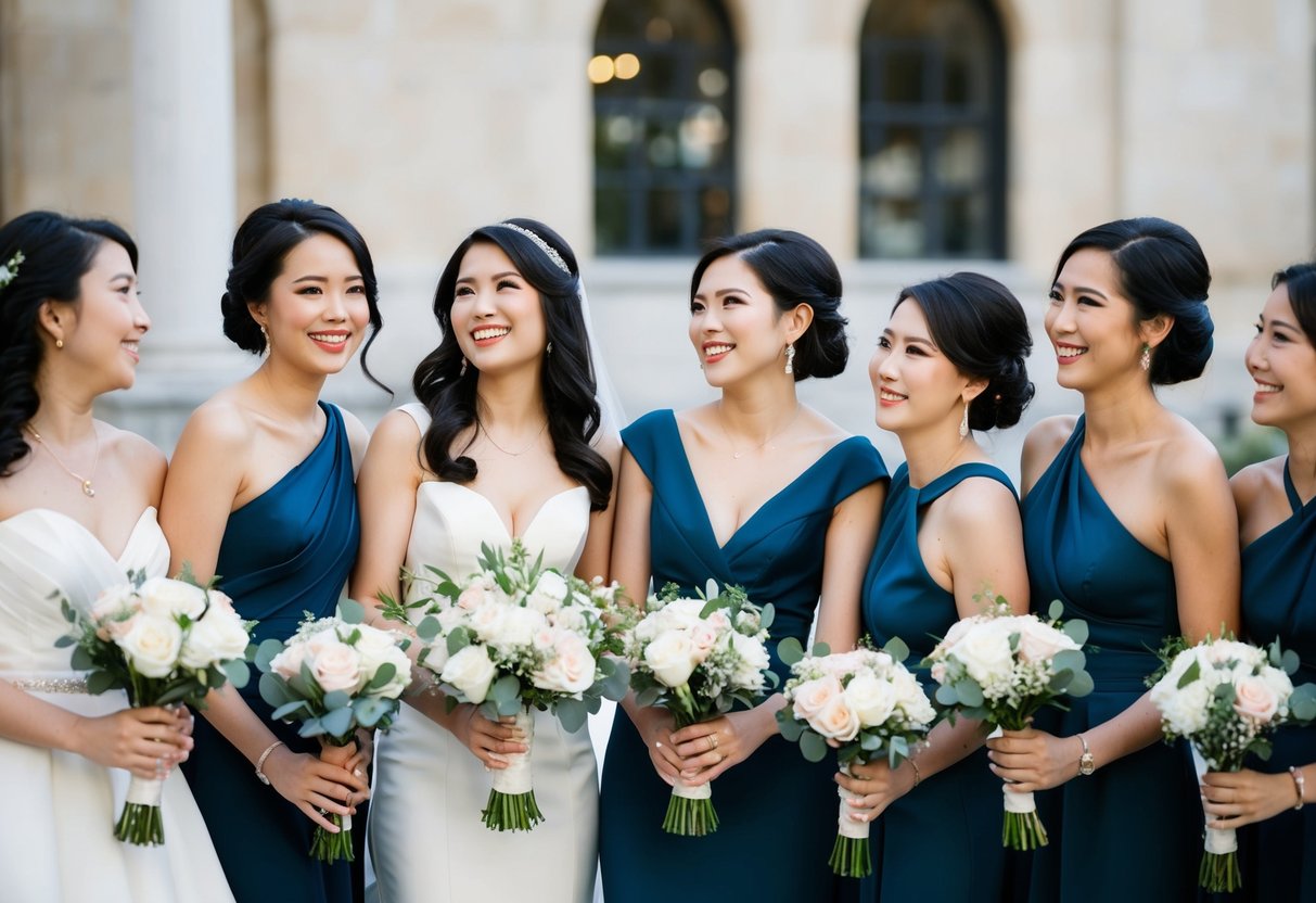 A group of elegantly dressed women standing together, holding bouquets and smiling, while a bride looks on happily