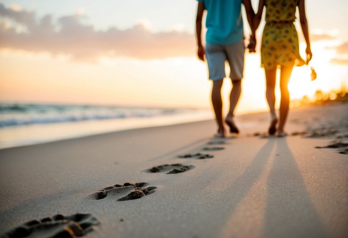 A couple walking together, leaving footprints in the sand on a beach at sunset