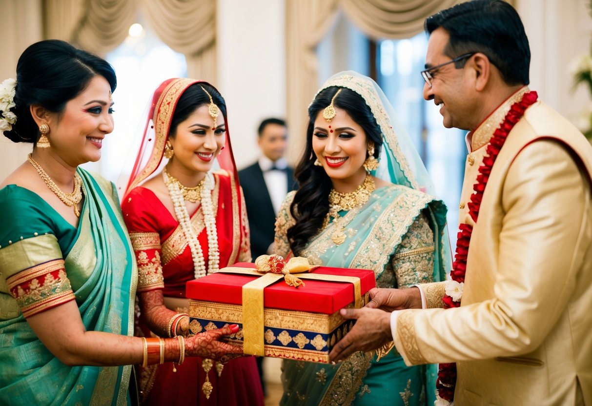 A newlywed wife receiving a traditional gift from her in-laws