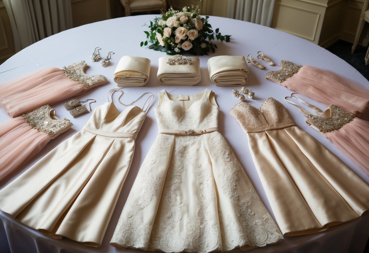 A group of elegant dresses and accessories laid out on a table, ready for the big day