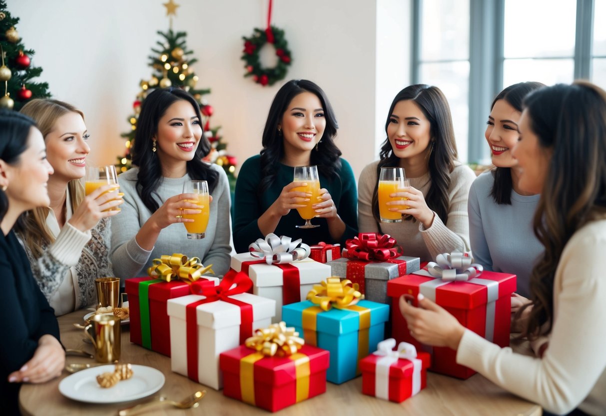 A group of women gather around a table filled with gifts and decorations, sipping drinks and chatting happily