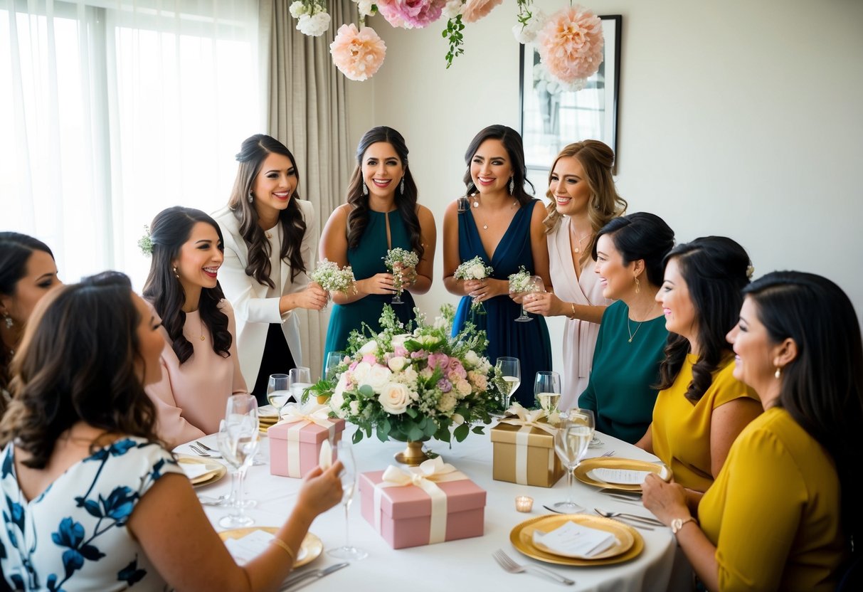 A group of women gather around a table adorned with flowers and presents, celebrating the upcoming marriage of a friend