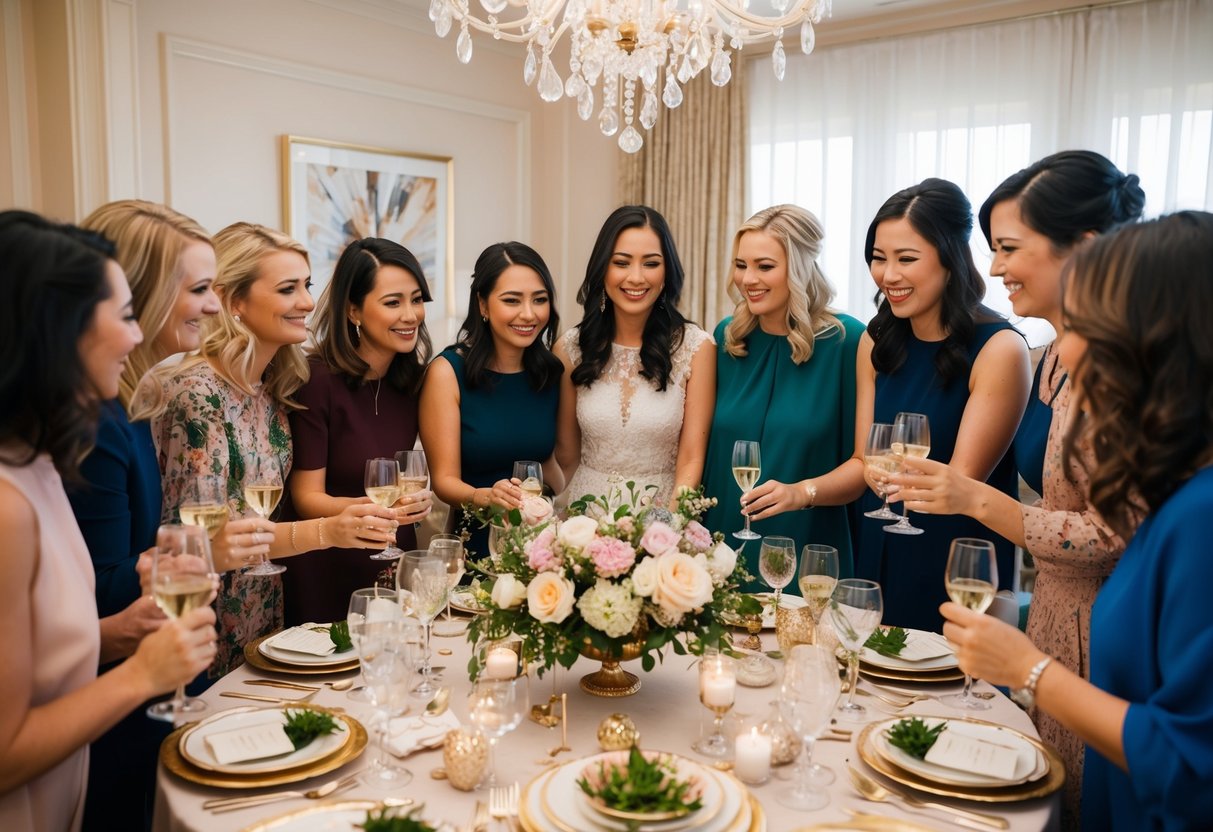 A group of women gather around a beautifully decorated table, adorned with flowers and elegant tableware, as they celebrate the upcoming wedding of a friend