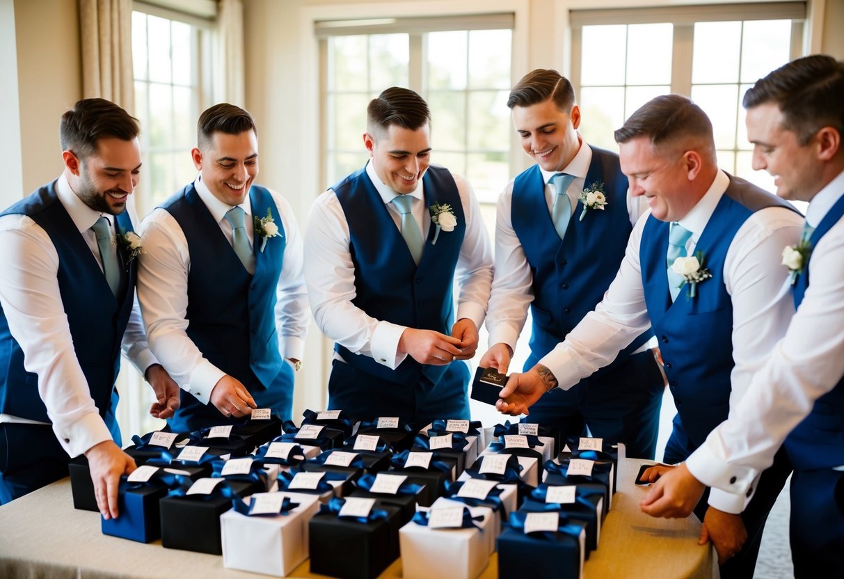A group of groomsmen gather around a table filled with personalized gifts. Laughter and camaraderie fill the room as they select their tokens of appreciation
