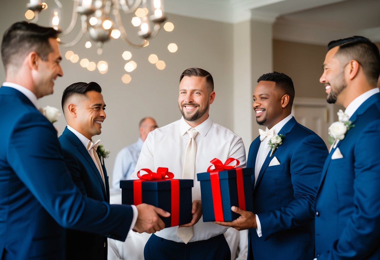 A groom presenting gifts to his groomsmen at the wedding rehearsal dinner